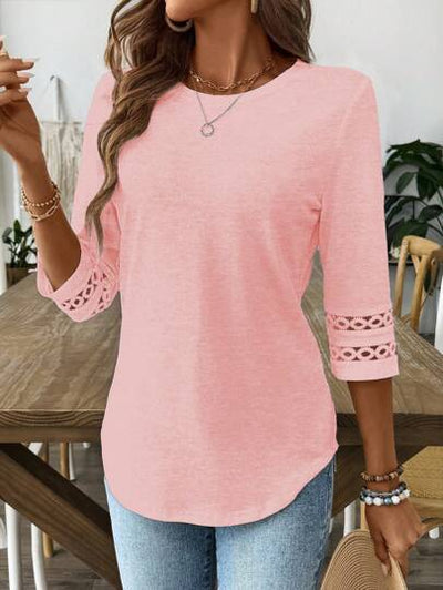 Blusa Casual para Mujer con Cuello Redondo, Encaje Patchwork y Mangas 3/4 - Image 14