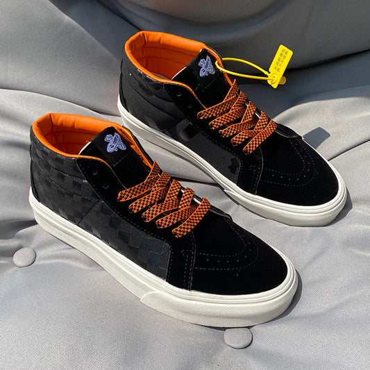 Zapatos Universitarios Hombre Lona Cuadros Negro Naranja Caña Media - Image 2