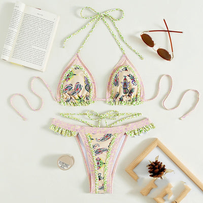 Teal bohemian print bikini with halter neck top, ruffled edges, and high-cut bottom with side straps. - Image 13