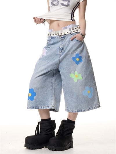 Pantalón Vaquero Vintage Cropped de Pierna Recta con Flores para Mujer - Image 5