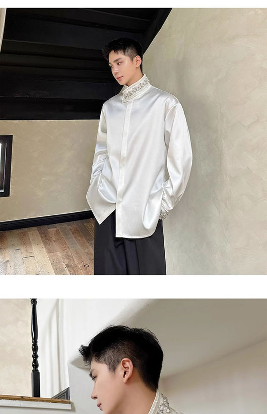 Camisa de Satén Elegante para Hombre con Cuello Mao y Detalles de Lentejuelas Brillantes - Image 14