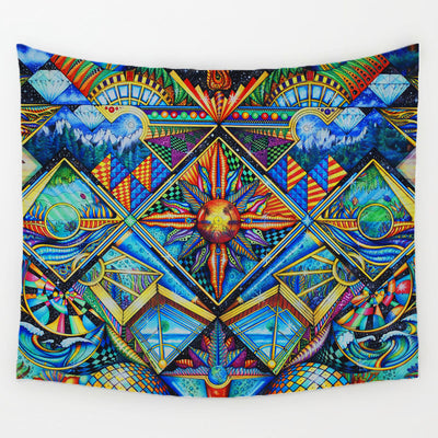 Vibrant geometric irregular hippie mandala pattern tapestry with a central sun motif and colorful abstract designs. - Image 5