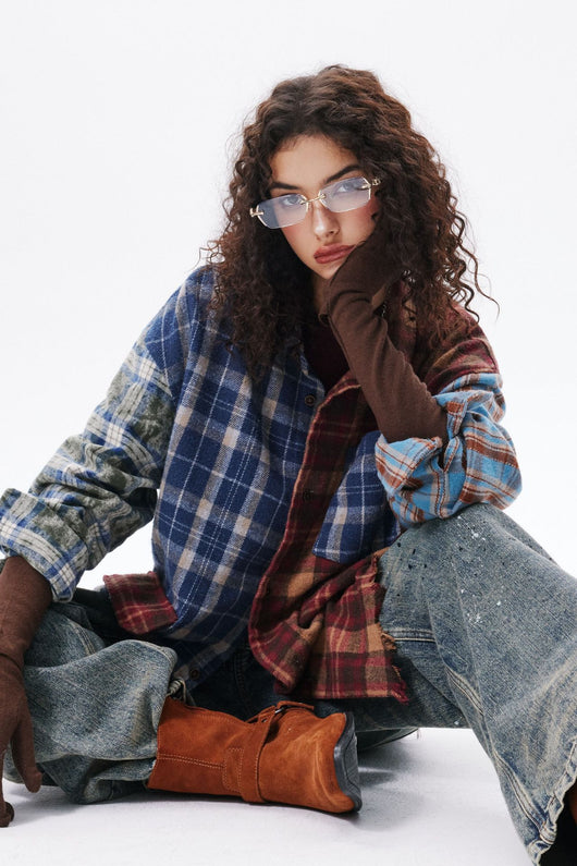Camisa de Manga Larga Estilo Retro Americano con Diseño de Cuadros y Costuras - Image 30