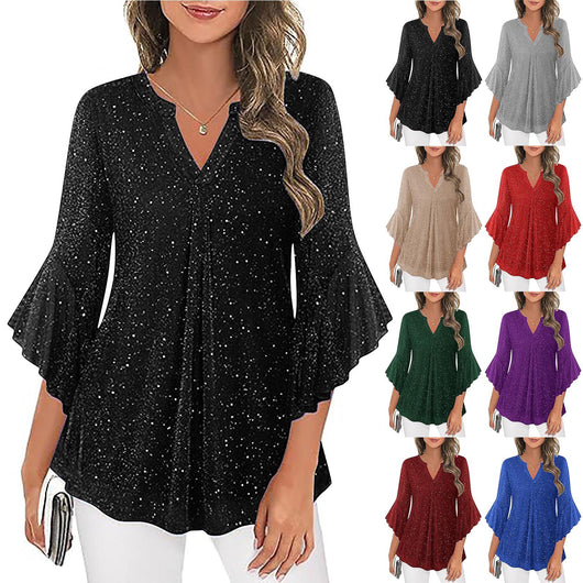 Blusa Suelta de Malla Plateada con Cuello V y Mangas 3/4 Pétalos - Image 36
