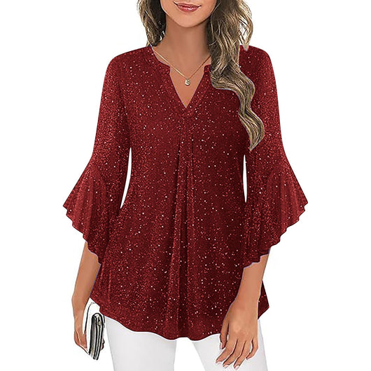 Blusa Suelta de Malla Plateada con Cuello V y Mangas 3/4 Pétalos - Image 10