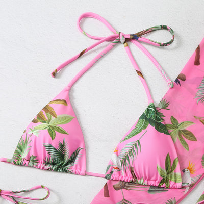Milky white floral print three-piece swimsuit with triangle bikini top, v-cut bottom, and sheer long-sleeve cover-up. - Image 19