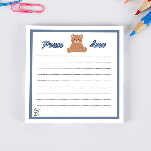 Cute square sticky notes with a brown cartoon bear, "Peace Love" text, and dotted lines on a white background. - Image 5