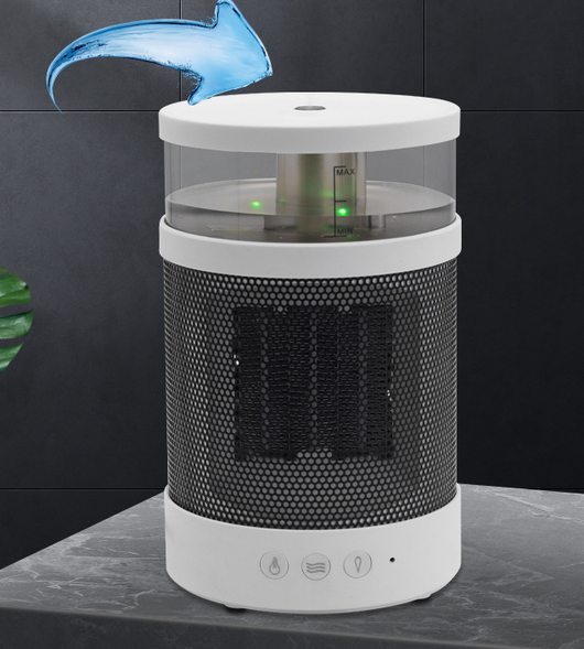 White and black 3-in-1 space heater with humidifier and night light, featuring a mesh grille and control buttons. - Image 10