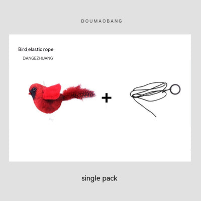 Red plush bird cat toy on a long steel wire stick with an elastic rope, designed for interactive pet play. - Image 7