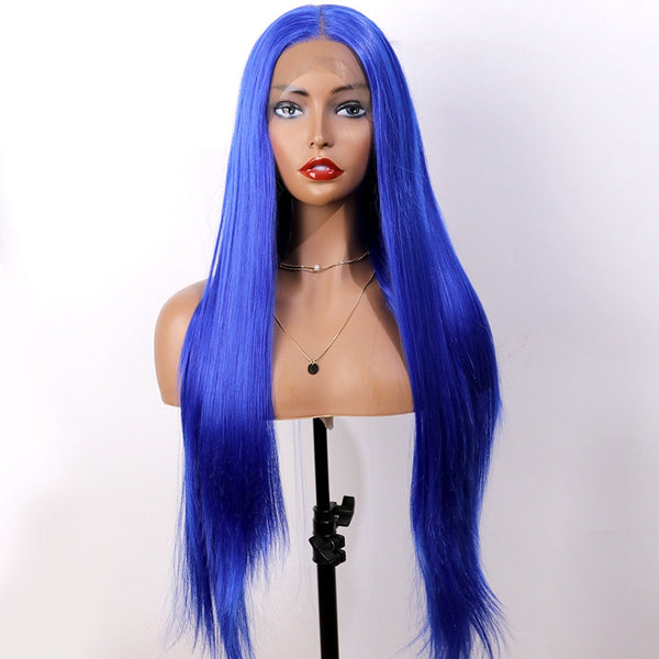 Peluca Frontal de Encaje Sintético Azul Liso Largo