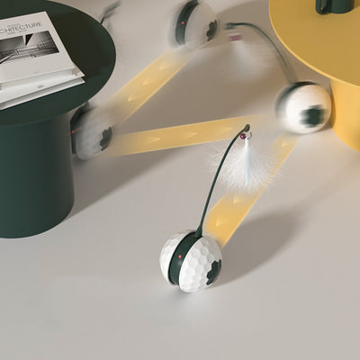 Electric cat toy with a white golf ball-textured base, a dark green flexible arm, and a white feather attachment. - Image 12