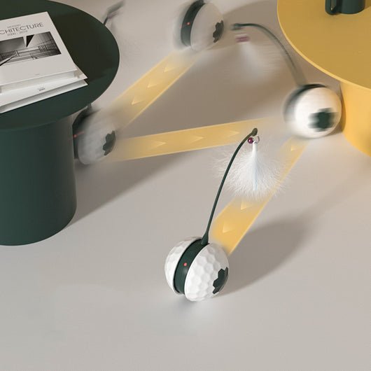 Electric cat toy with a white golf ball-textured base, a dark green flexible arm, and a white feather attachment. - Image 12