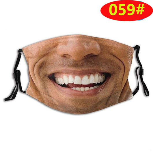 Novelty face mask with a realistic print of a smiling man's lower face and a prominent brown mustache. - Image 25