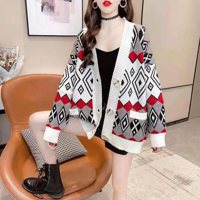 Cardigan Tejido Jacquard Suelta y Cómoda con Cuello en V - Image 4