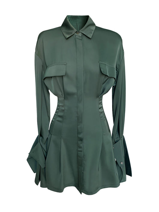 Vestido Camisero Satinado Verde Oscuro - Diseño Elegante con Cintura Marcada - Image 6