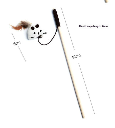 Cat teaser toy with a long wooden pole, a striped ball, brown feathers, and a small bell. - Image 29