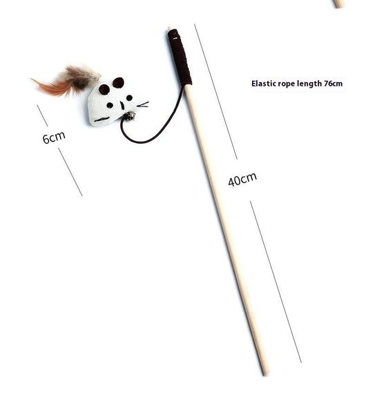 Cat teaser toy with a long wooden pole, a striped ball, brown feathers, and a small bell. - Image 29