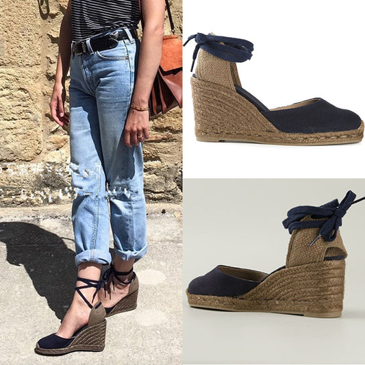 Sandalias Cuña Oxford con Tiras Cruzadas y Cordón