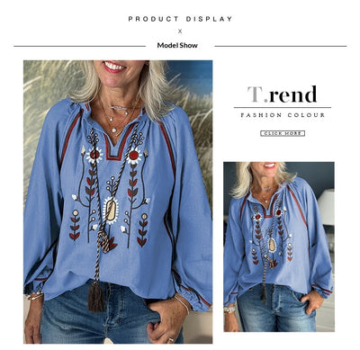 Blusa Casual de Gasa con Cuello Redondo y Bordados para Mujer - Image 13