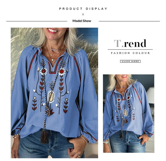 Blusa Casual de Gasa con Cuello Redondo y Bordados para Mujer - Image 13