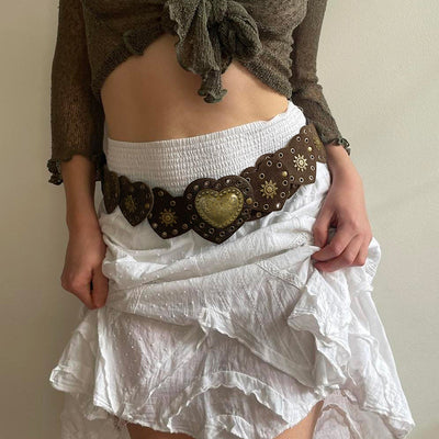 Cinturón Retro con Hebilla de Corazón y Costura Decorativa