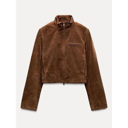 Chaqueta de Gamuza Marrón para Primavera con Cuello de Pie y Cierre - Image 8