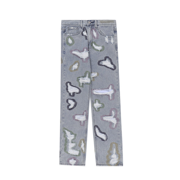 Jeans Rotos con Bordados y Contraste de Colores Estilo Americano