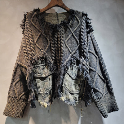 Suéter de Cuello Redondo Denim con Tejido Trenzado y Costuras de Diseño - Image 6