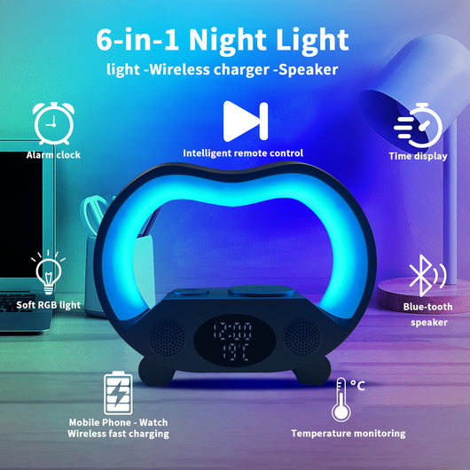 Lámpara LED Inteligente 6 en 1 con Control Remoto Bluetooth, Cargador Inalámbrico y Altavoz