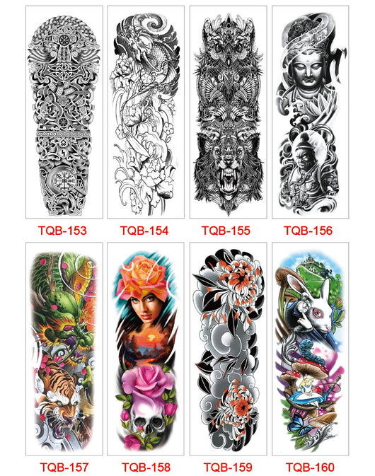 Full arm temporary tattoo sticker with a black, red, and light blue tribal design, featuring abstract shapes and patterns. - Image 46