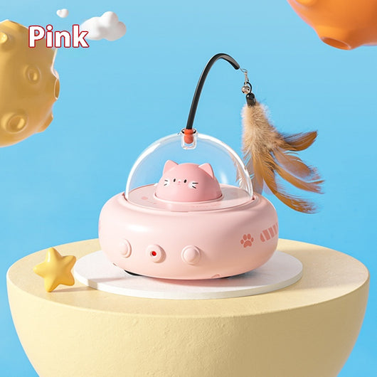 Pink electric UFO cat teaser toy with a clear dome, a cute pink cat head, and a feather wand with a bell. - Image 8