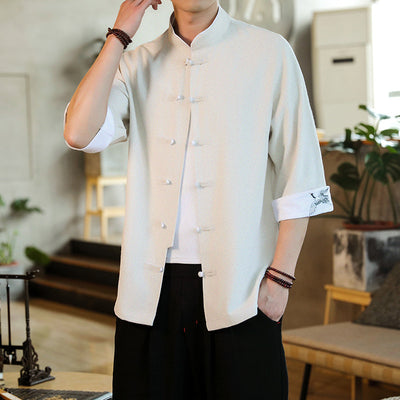 Camisa Hanfu Retro Estilo Chino con Cuello Mao y Manga 3/4 en Algodón y Lino - Image 7