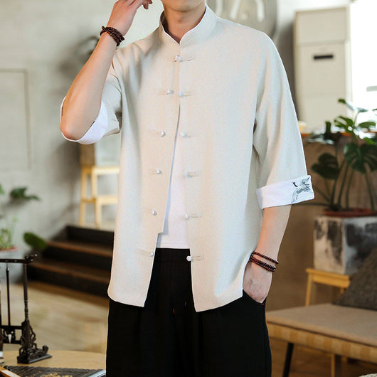 Camisa Hanfu Retro Estilo Chino con Cuello Mao y Manga 3/4 en Algodón y Lino - Image 7