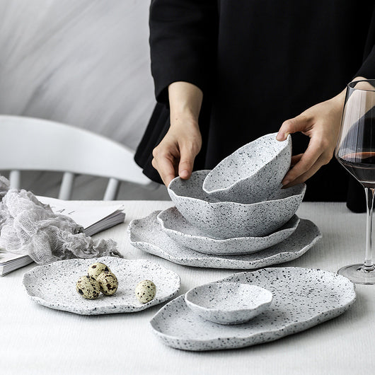 Plato de Cerámica Hoja de Loto con Patrón Granito Nórdico