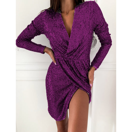 Vestido de Lentejuelas Elegante Manga Larga Escote en V - Image 17