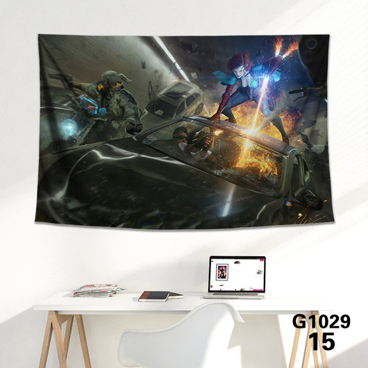 Cyberpunk 2077 tapestry featuring V and Jackie Welles with a neon-lit futuristic city skyline background. - Image 19