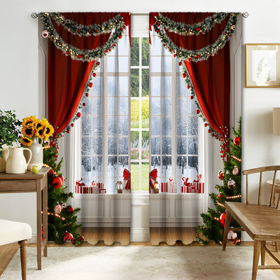 Christmas curtain with a snowy village scene, Santa Claus, flying reindeer, and piles of wrapped gifts. - Image 18