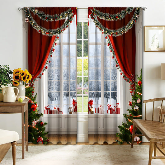 Christmas curtain with a snowy village scene, Santa Claus, flying reindeer, and piles of wrapped gifts. - Image 18