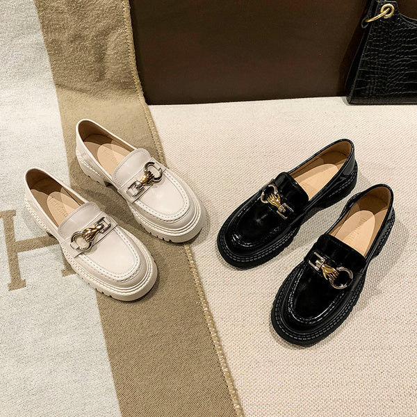 Zapatos de Cuero Estilo Británico con Tacón Grueso para Mujer