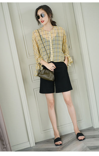 Blusa de Cuadros para Mujer con Mangas 3/4 y Cuello Redondo en Chifón - Image 17