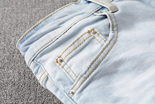 Pantalones Jeans Slim Fit Azul Claro Rotos con Parches para Hombre - Image 18