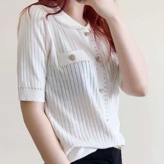 Blusa Verano Cuello Solapa Seda Dorada con Ribete Brillante - Image 2