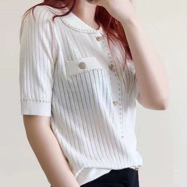 Blusa Verano Cuello Solapa Seda Dorada con Ribete Brillante