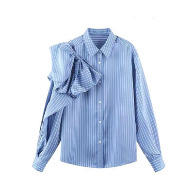 Blusa Casual Azul a Rayas con Lazo Coreano y Manga Larga para Mujer - Image 11