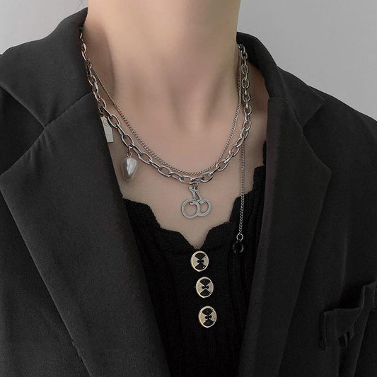 Collar Hip Hop Acero Titanio Perla con Capas Cosidas