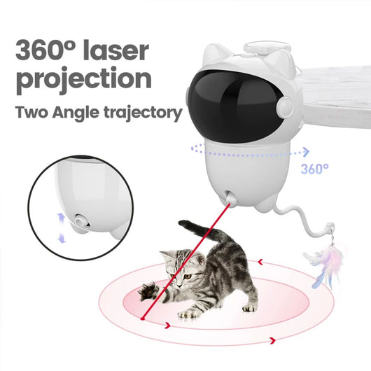White cat-shaped intelligent laser toy with a black visor and a colorful feather wand attachment for pets. - Image 3