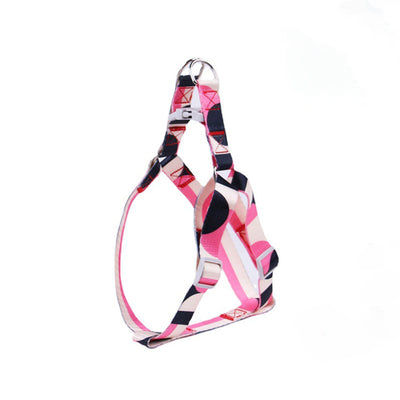 Pink, black, and white patterned polyester dog leash with a silver metal swivel snap hook, coiled on a white background. - Image 8