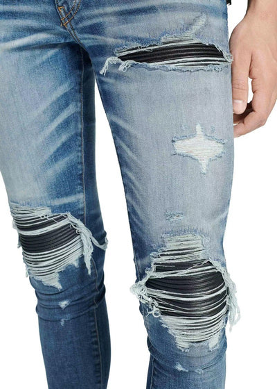 Jeans Vintage Desgastados con Parches de Cuero y Diseño Patchwork para Hombre - Image 6