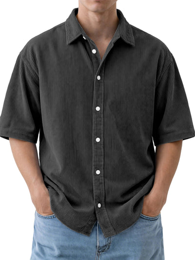 Camisa de Pana Suelta para Hombre - Manga Corta Color Sólido - Image 14