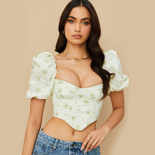 Blusa Temperament Commuter con Mangas Voluminosas Blanca Estampada Cuello Cuadrado - Image 7